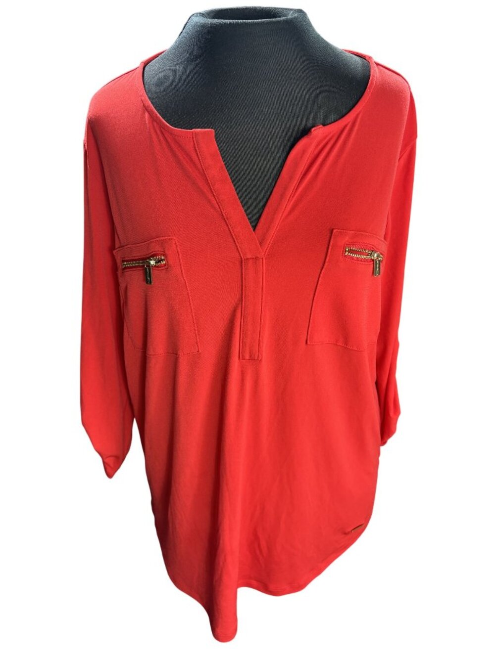 Ellen Tracy Red 3/4 Sleeve Blouse With Zippered Pockets Womens Size L